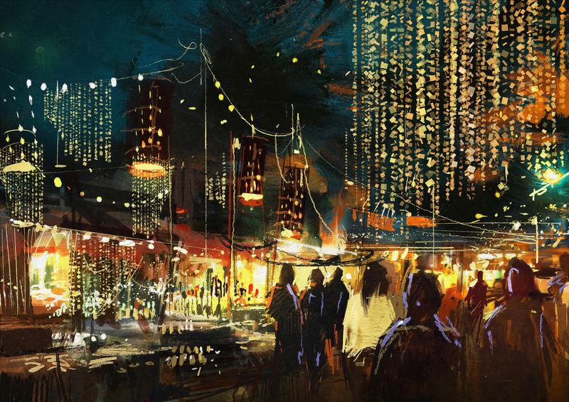 以丰富多彩的夜生活画购物街城市-插图
