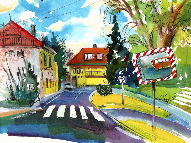 美丽有趣的插图-小城镇的红楼屋顶和树木水彩画