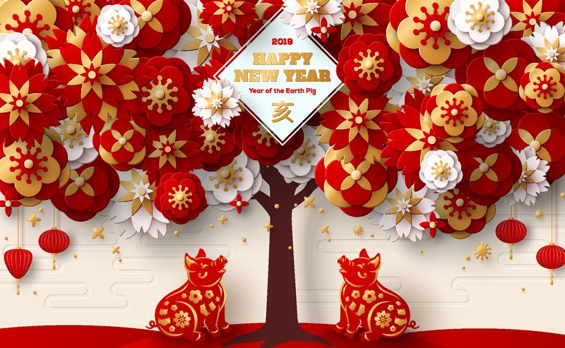 2019年新年中文贺卡-矢量图-背景明亮的红色和金色野猪和盛开的樱花树-十二生肖符号猪的象形文字翻译
