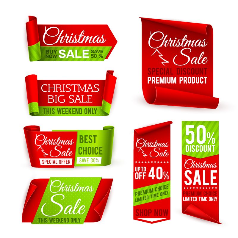 圣诞促销横幅-带有圣诞节折扣和冬季圣诞节的红色丝带提供文本-向量集