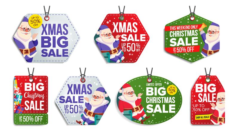 圣诞促销标签-扁平圣诞特价贴纸-圣诞老人-50个文本-悬挂红色、绿色、蓝色横幅-半价出售-现代插图