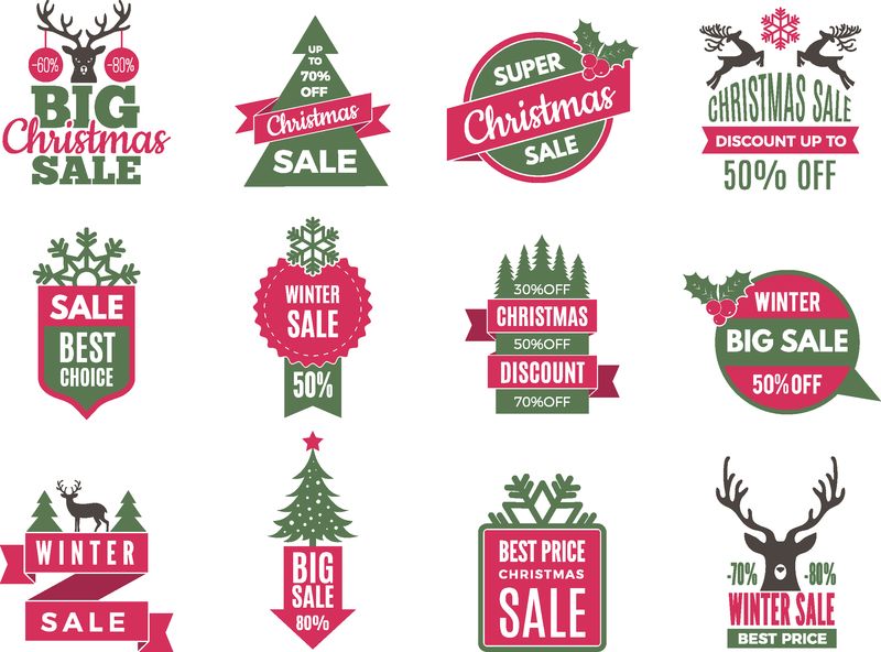 圣诞促销标签徽章-假日提供的标签最好有大折扣矢量模板集合-销售折扣、冬季清关、新年和圣诞节图示