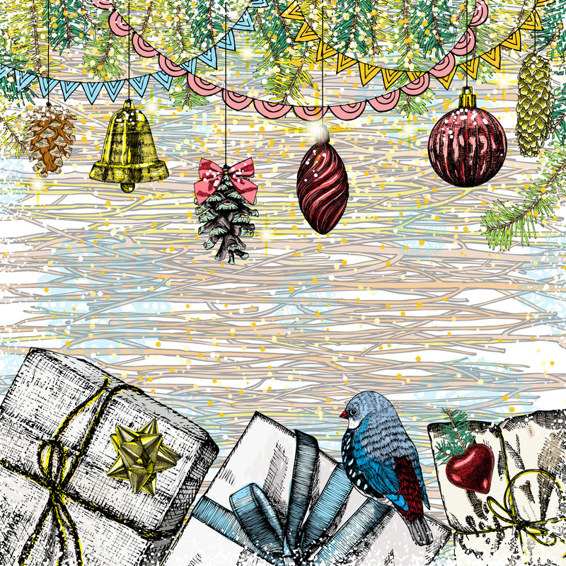 用雪和冷杉树枝手工绘制的圣诞装饰。故障估计机