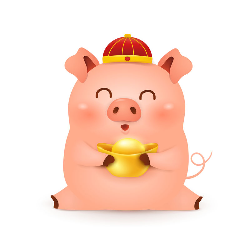 2019中国新年。可爱的卡通小猪字设计，传统的中国红帽子，白色背景上有中国金锭。猪年。猪的十二生肖