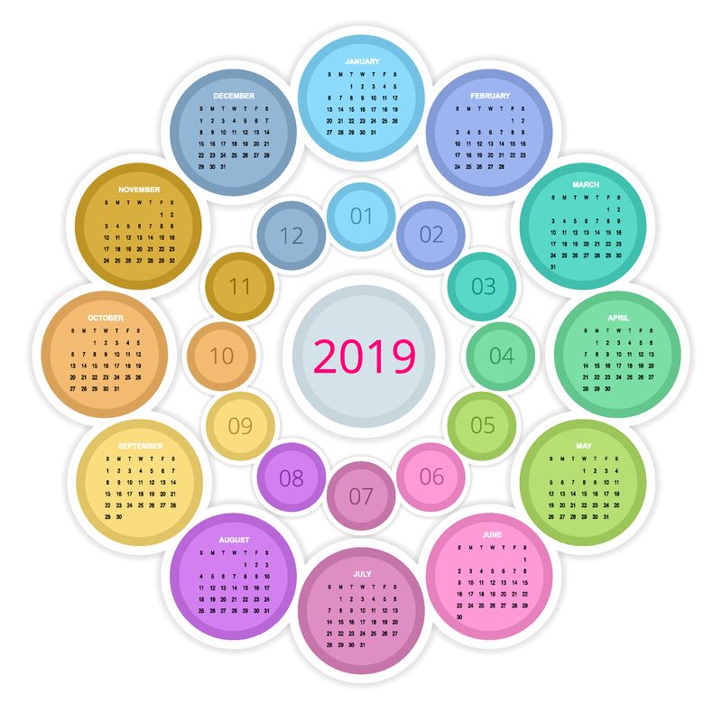 多彩的2019年圆形日历设计-打印模板-您的标志和文字-星期从星期天开始-纵向-2019年12个月的日历