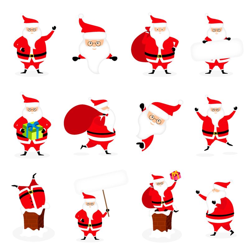 矢量集扁平有趣的圣诞老人人物隔离在白色背景-站立-携带礼物袋-手持礼品盒-跳跃-行走-微笑-冷杉-姜饼屋-卡片、横幅、网页、动画等