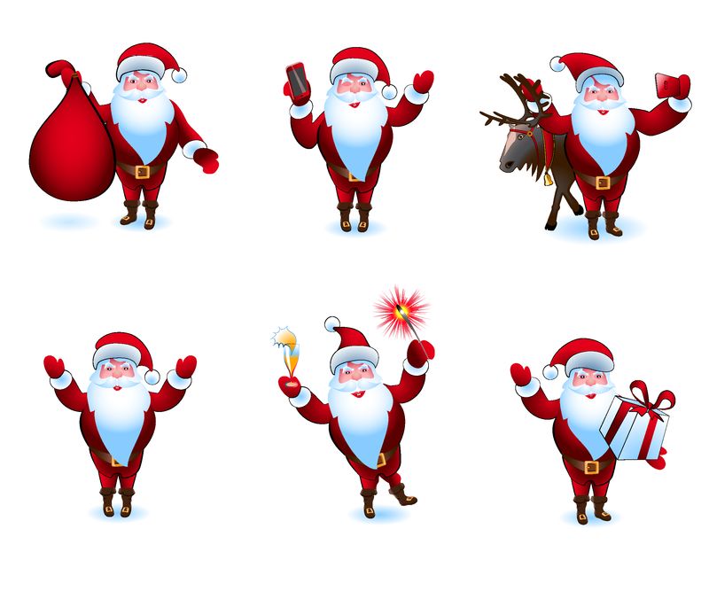 可爱的圣诞老人手绘角色集-卡通圣诞爸爸-以不同的姿势涂鸦圣诞老人-圣诞节-新年贺卡-海报-横幅设计元素-孤立假日矢量图