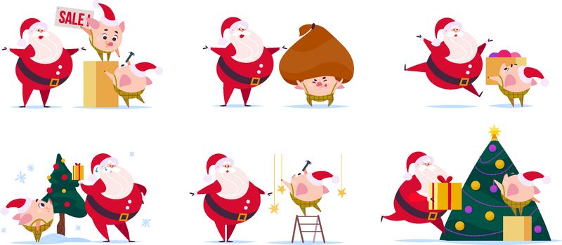 矢量平面插图有趣的圣诞老人角色和可爱的小猪精灵在圣诞老人的帽子隔离在白色背景-新年冷杉树-礼品盒礼品袋-卡片、横幅、网页设计、包装