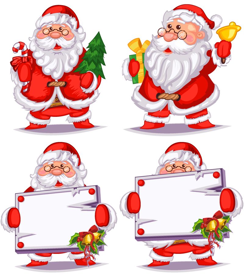 圣诞老人卡通套装有圣诞树、礼物、铃铛、糖果手杖和空白的白色标志-供您参考-矢量图