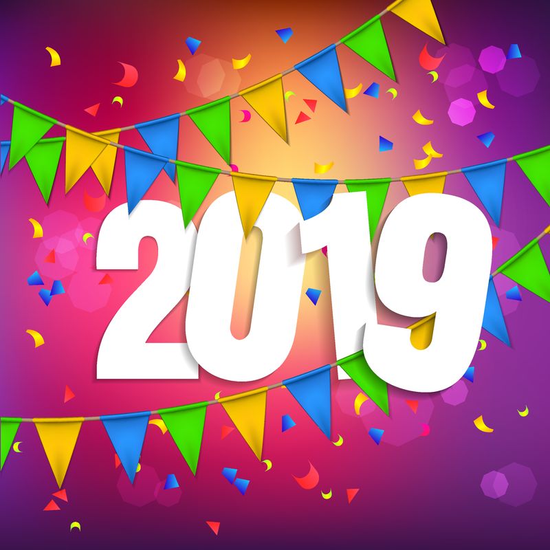 2019年新年快乐-紫罗兰色背景-彩色旗花环和五彩纸屑-贺卡设计庆典-矢量图解