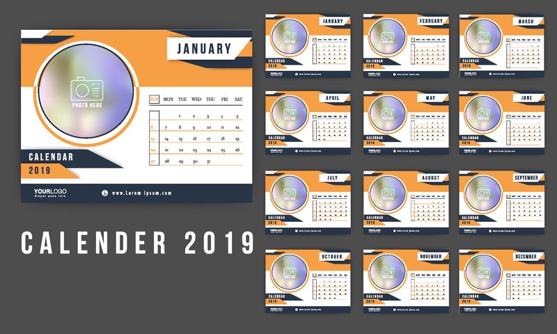 整套2019年12个月的年历设计-为您的图像提供空间