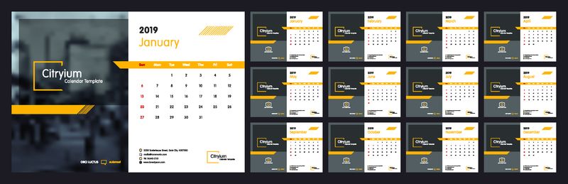 2019年日历设计-星期从太阳开始-一套12页日历矢量设计打印模板-带有照片和公司徽标的位置-白色背景的桌面日历模板