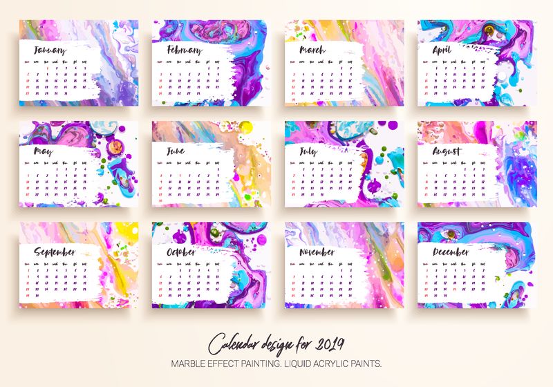 2019年日历设计-一套12页日历矢量设计打印模板与混合液丙烯酸漆-大理石效果画-流体颜色纹理-现代艺术品-时尚设计