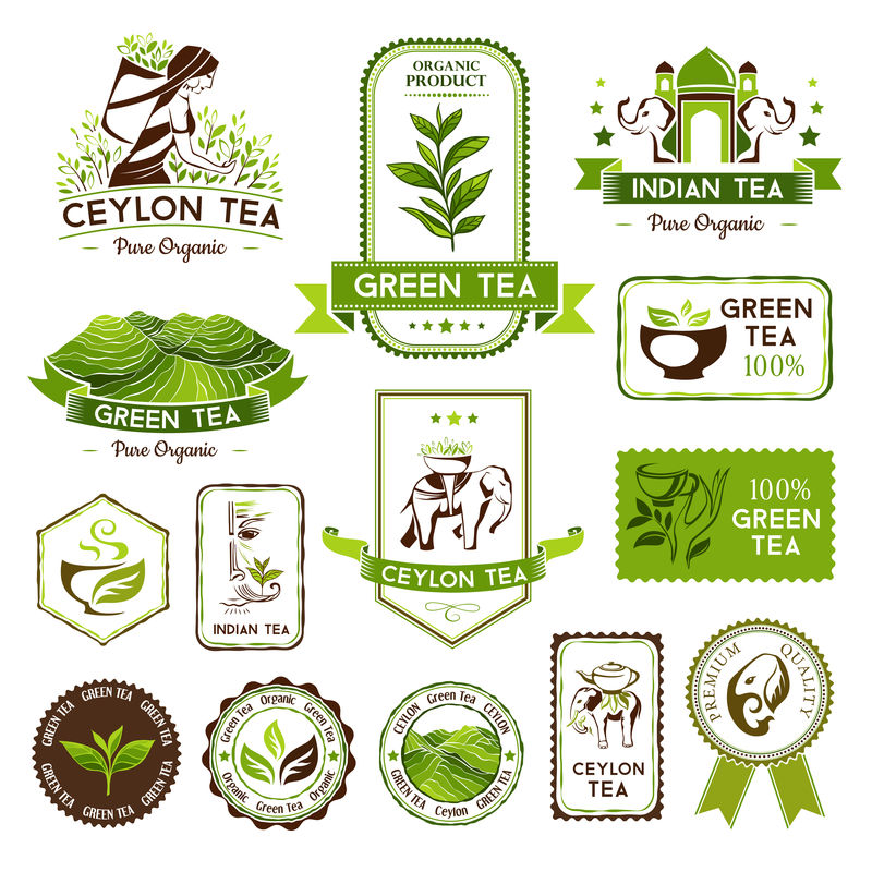 绿色、印度和锡兰茶标签、徽章和横幅。