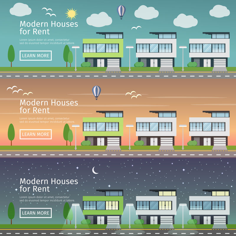 一套漂亮的平面矢量网横幅，主题是现代房地产在不同的时间段。