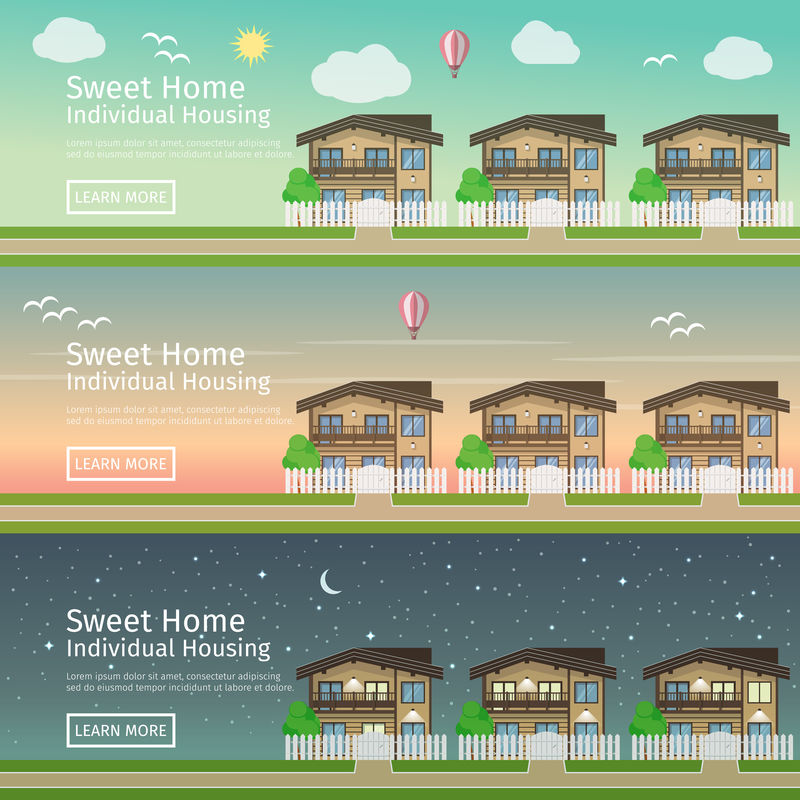 一套漂亮的平面矢量网络横幅，主题为“乡村房地产”，时间不一。