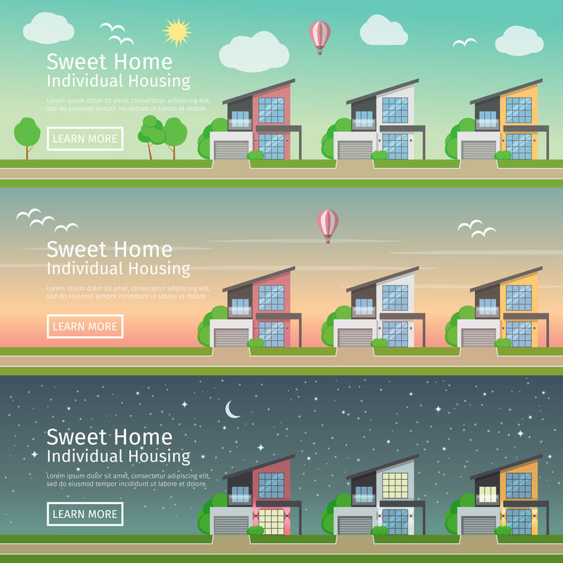 一套漂亮的平面矢量网横幅，主题是现代房地产在不同的时间段。