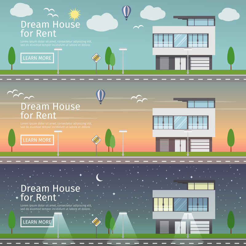 一套漂亮的平面矢量网横幅，主题是现代房地产在不同的时间段。