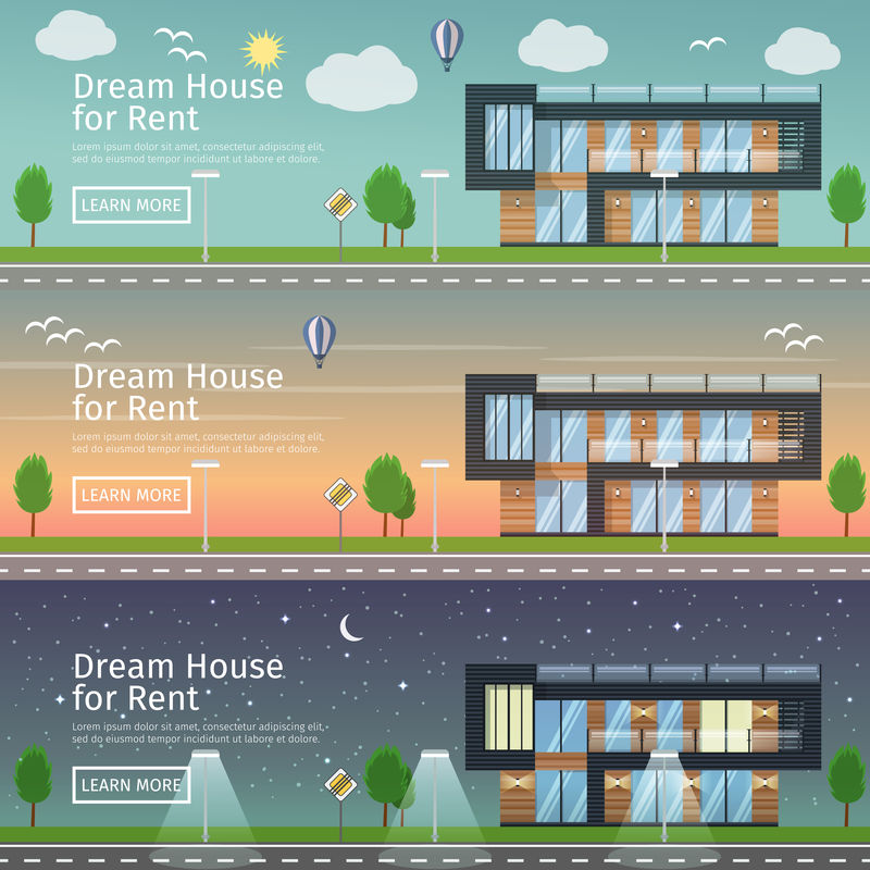 一套漂亮的平面矢量网络横幅主题：现代房地产不同时代的一天。