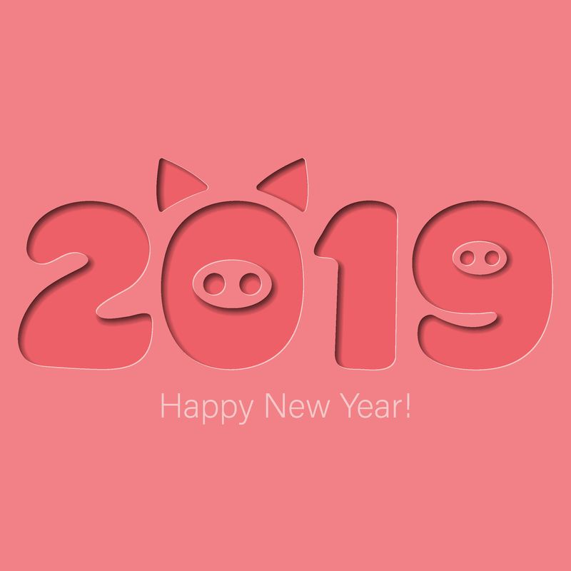 新年快乐横幅-猪头-猪鼻子-动物标志2019-祝贺文-海报粉色背景-贺卡-横幅设计-剪纸风格