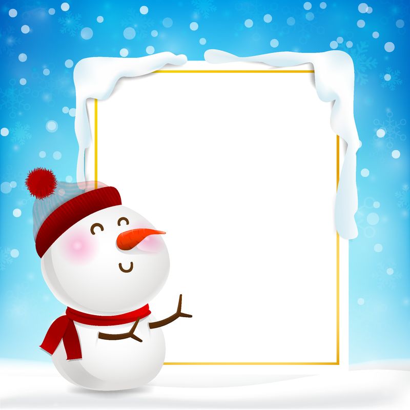 空白矩形框架和雪人卡通-复制空间和冬天的雪花落在雪地上-蓝色抽象背景上的灯光用于圣诞矢量图