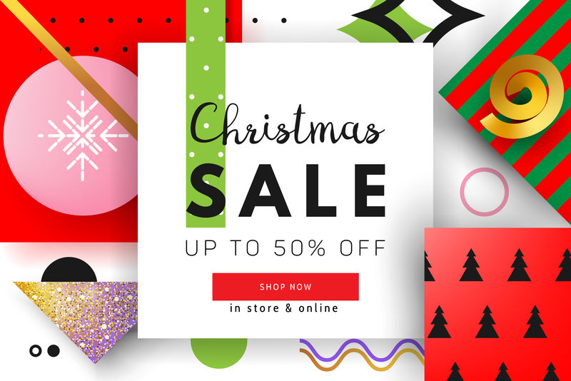 现代孟菲斯-斯堪的纳维亚风格的圣诞节销售背景-横幅-设计布局-几何-条纹-几何图形-纸元素-流行小册子模板-传单-横幅-矢量-三维效果