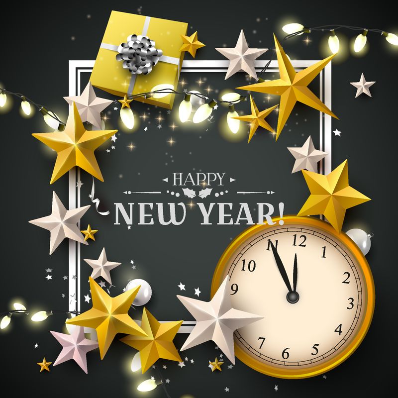 2018年新年快乐-带金银礼品盒的贺卡、黑色背景的星星和时钟