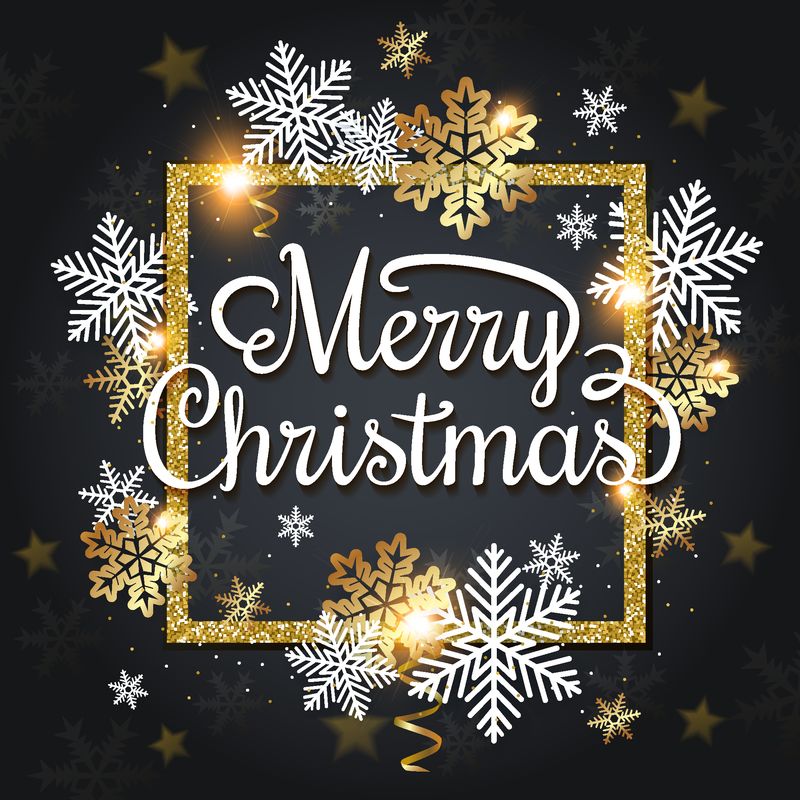 黑色背景上的金色闪光框架内的白色和金色雪花的圣诞旗帜-新年贺卡设计-矢量图解