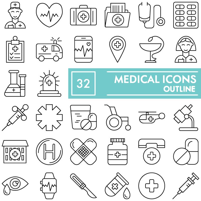 医疗细线图标集、医学符号集、矢量草图、标志插图、药房标志线性象形图包-白底隔离-EPS 10