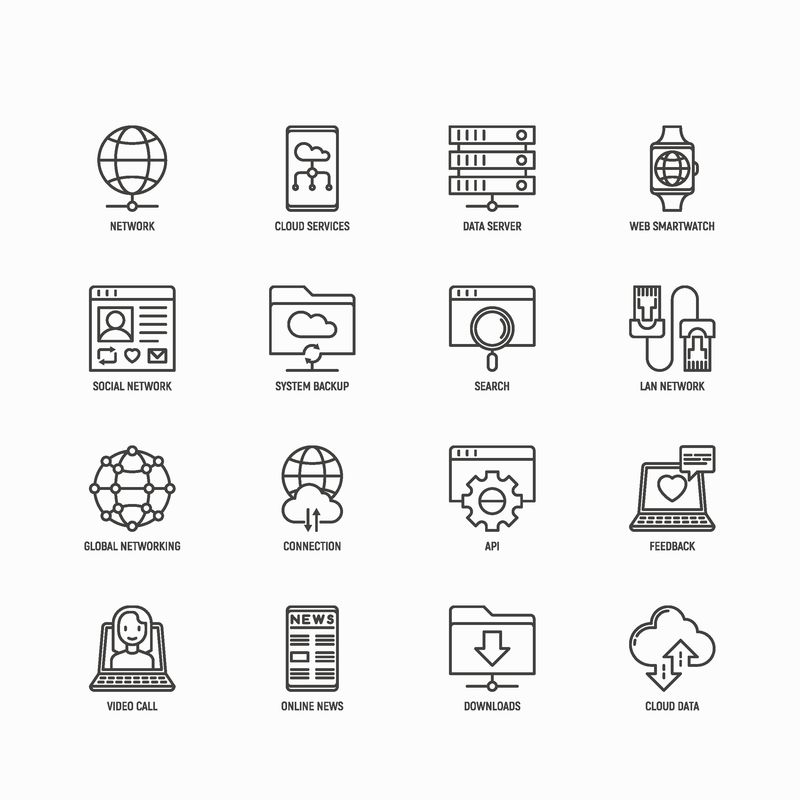 信息技术细线图标集：社交网络、系统备份、搜索、局域网、连接、API、反馈、视频呼叫、在线新闻、下载、云数据-现代矢量图