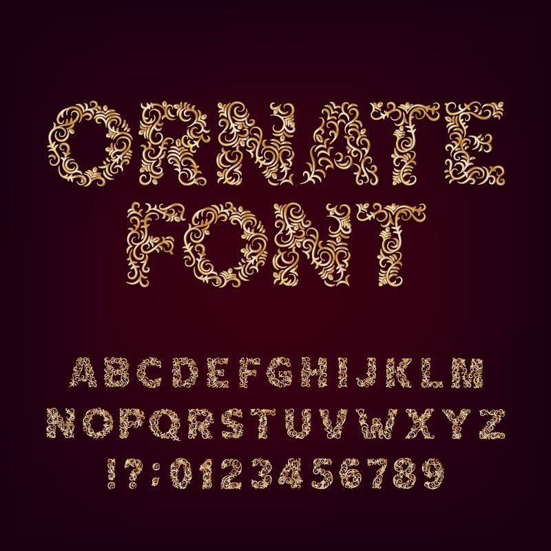 华丽的金色字体-装饰性字母字体-黑色背景上的金属效果字母和数字-为你的标题或任何排版设计的股票矢量排版