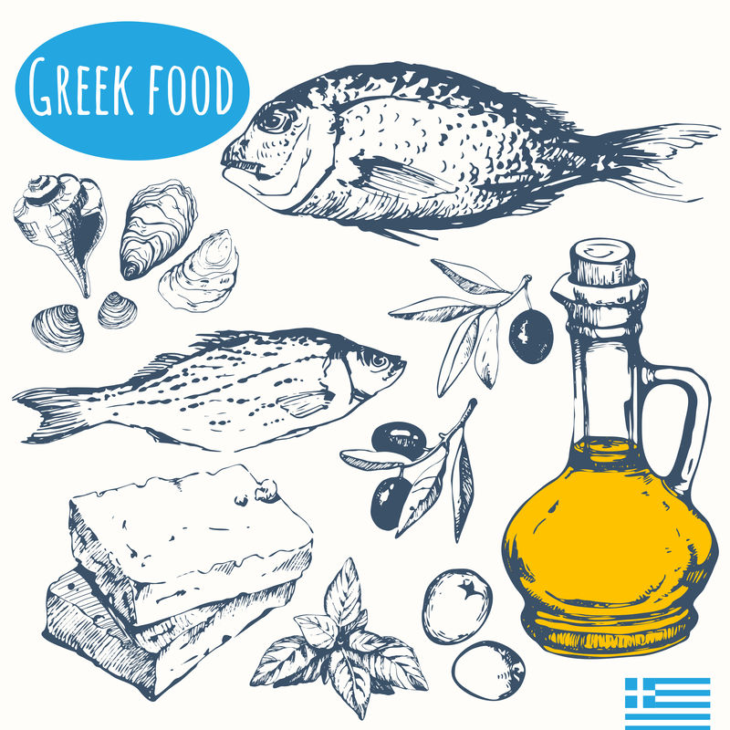 素描风格的希腊菜。地中海传统产品。