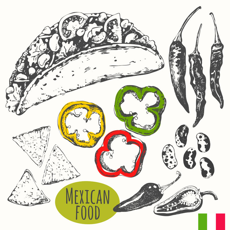 素描风格的墨西哥菜。拉丁传统产品。