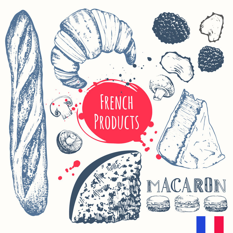素描风格的法国菜。欧洲传统产品。