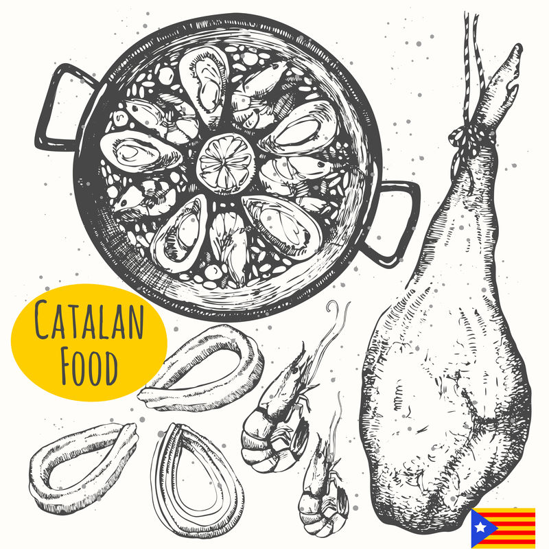 素描风格的加泰罗尼亚美食。西班牙传统产品。