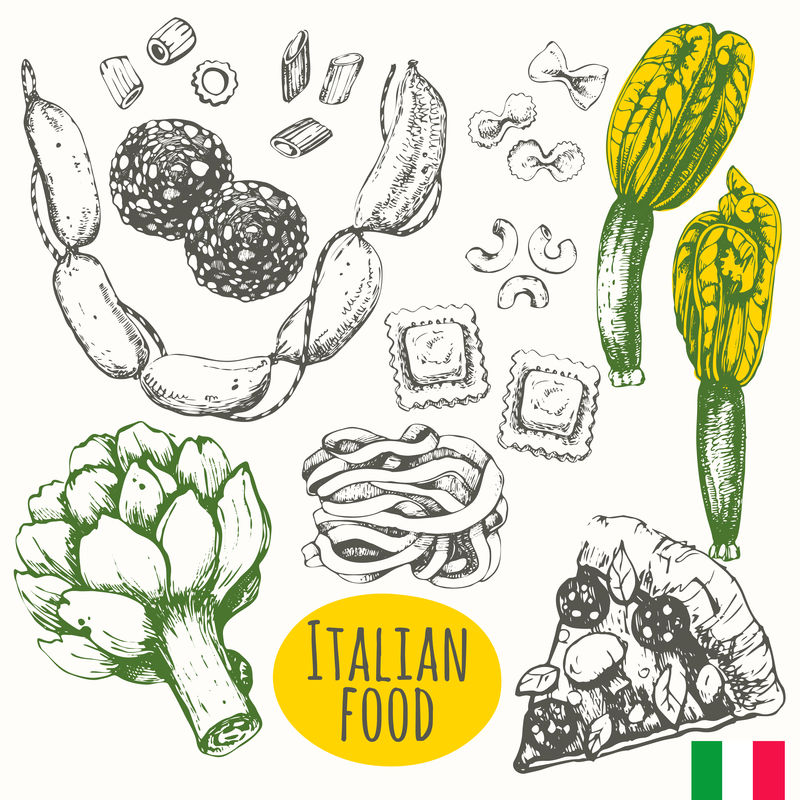 素描风格的意大利菜。地中海传统产品。