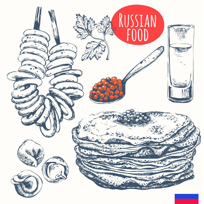素描风格的俄罗斯菜。斯拉夫传统产品。