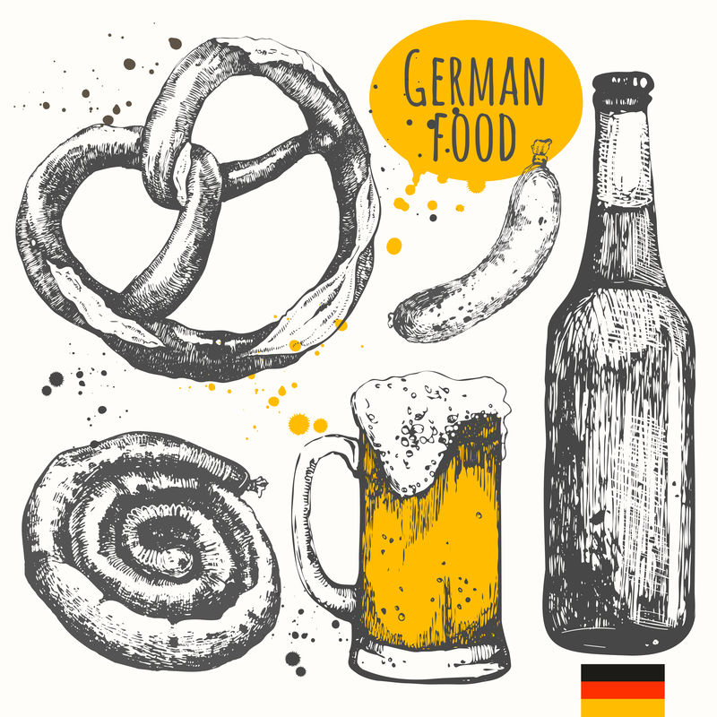 素描风格的德国菜。欧洲传统产品。