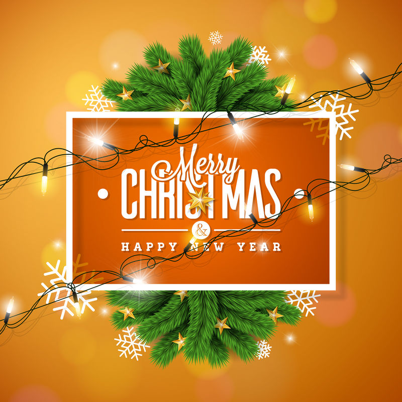 橙色背景上的圣诞快乐插画，印刷和节日灯花环，松树枝，雪花和装饰性的球。矢量新年快乐设计。