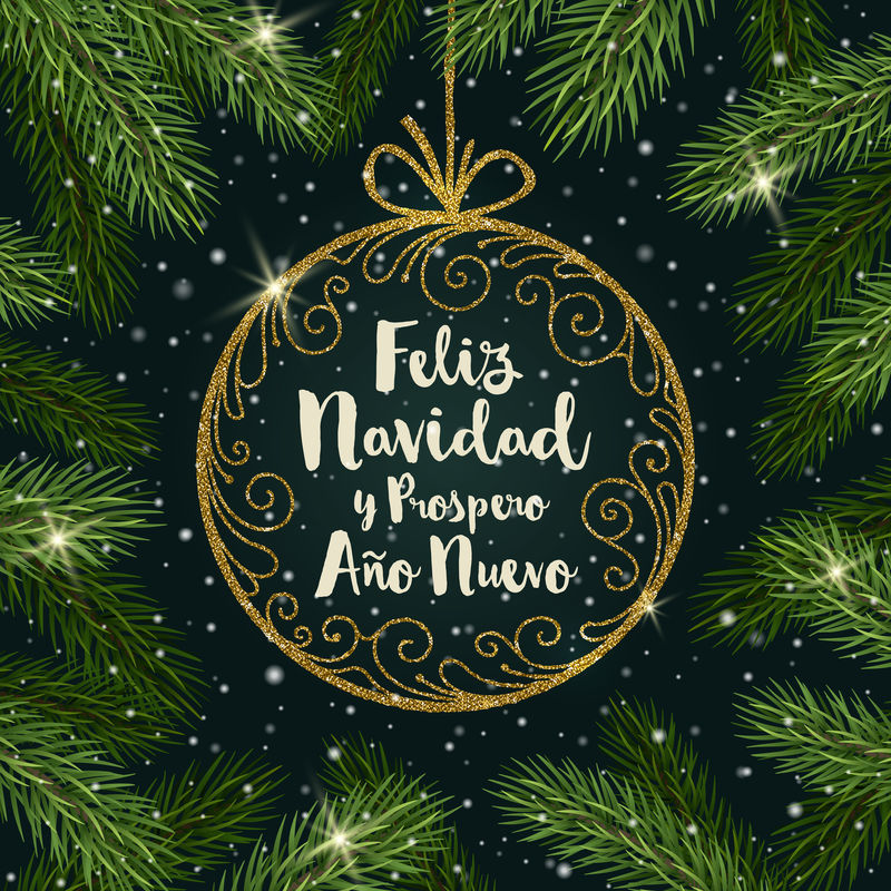 菲利兹·纳维达-西班牙语圣诞问候。金光闪闪、装饰华丽的小饰品，毛笔书法，圣诞贺词，圣诞树枝环绕。