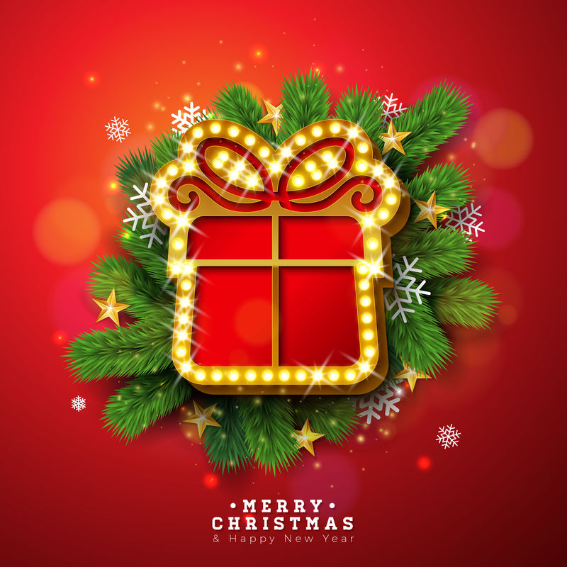 圣诞快乐，新年快乐，红色背景上有指示牌和松枝。用于贺卡、聚会邀请或促销横幅的矢量假日设计。