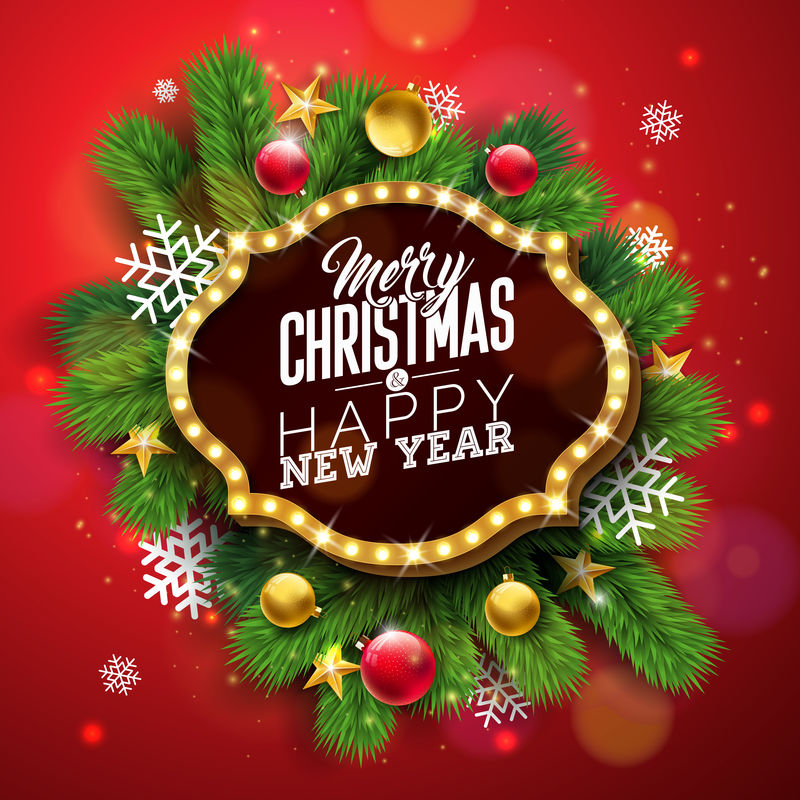 圣诞快乐，新年快乐，红色背景上有指示牌和松枝。用于贺卡、聚会邀请或促销横幅的矢量假日设计。