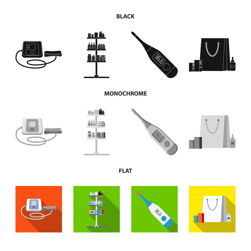 药房和医院标志的隔离对象-用于库存的药房和业务矢量图标集