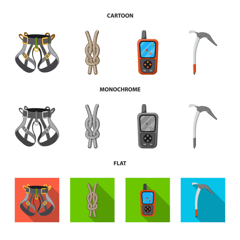 登山和山顶标志的孤立对象-一套登山和营地矢量图标的股票