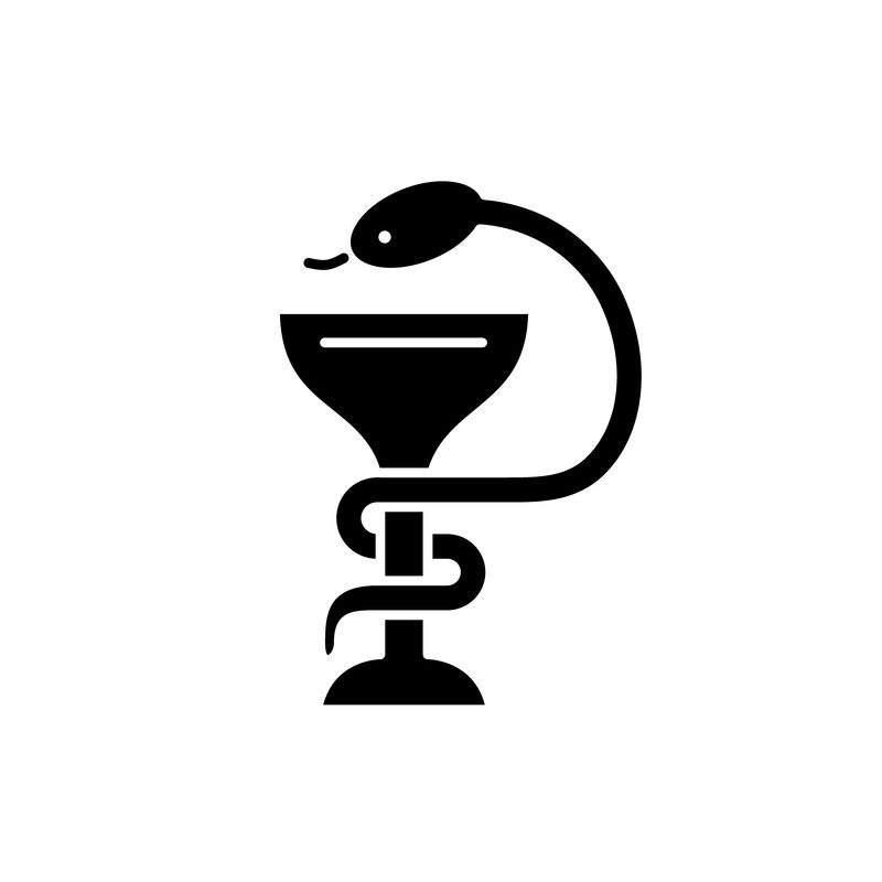 碗上有一个蛇黑色的图标，矢量标志在孤立的背景上。带蛇概念符号的碗，插图