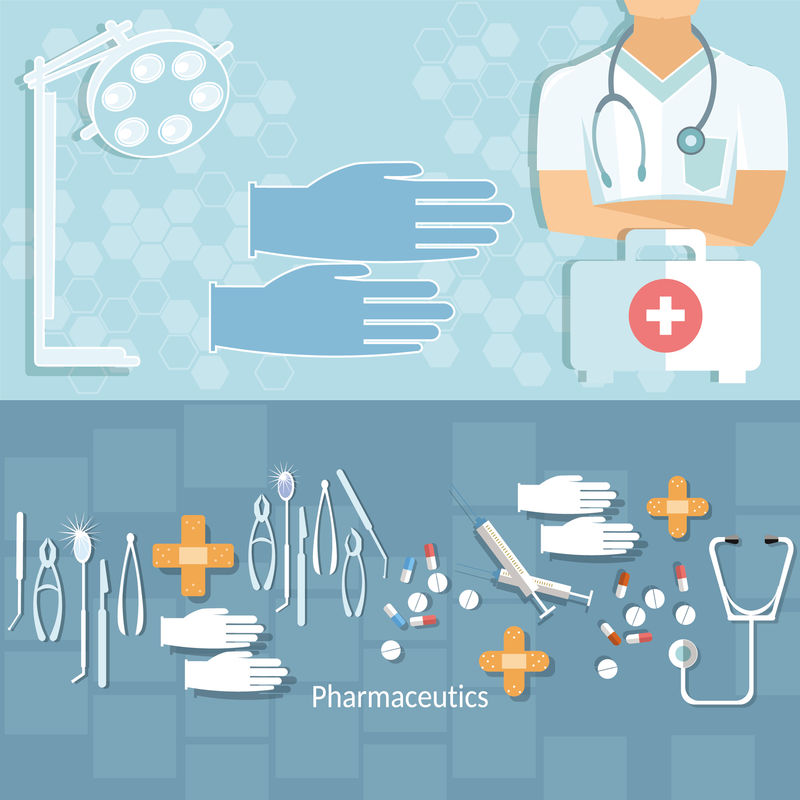 医学理念医生专业操作体检急救箱药片治疗医院救护车向量横幅
