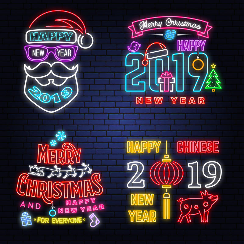 圣诞快乐和2019年新年快乐霓虹灯标志与天使，圣诞老人在雪橇与鹿和圣诞礼物。