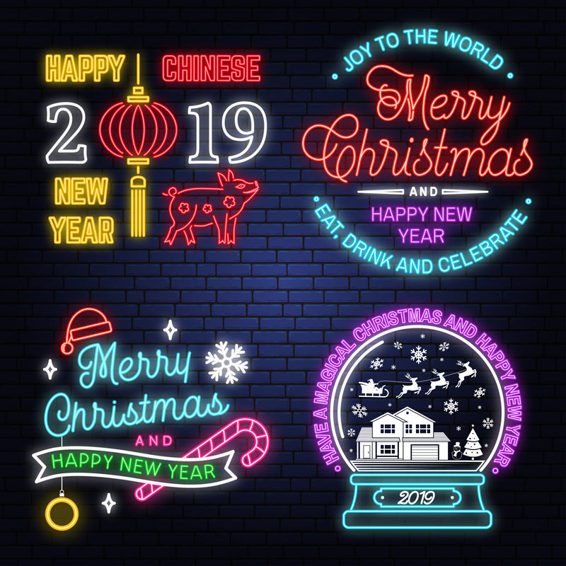 有一个神奇的圣诞节和新年快乐的霓虹灯标志与雪花，圣诞雪球。矢量。