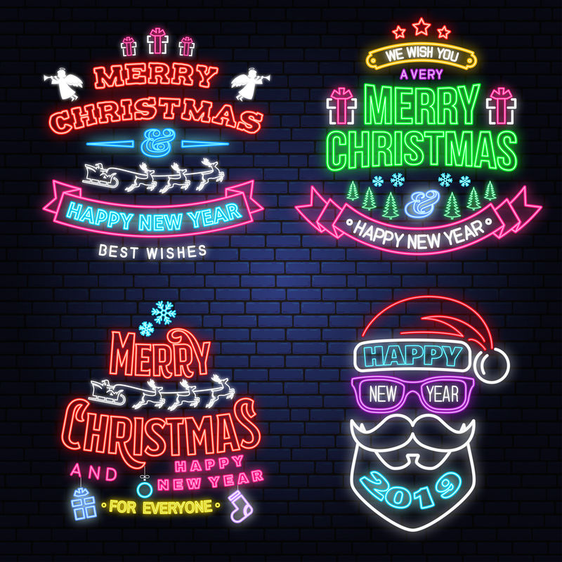 圣诞快乐和新年快乐的霓虹灯，圣诞老人，雪花，天使，雪橇圣诞老人，鹿和圣诞礼物。矢量。