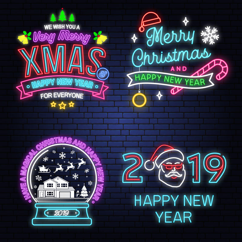 有一个神奇的圣诞节和新年快乐的霓虹灯标志与雪花，圣诞雪球。矢量。